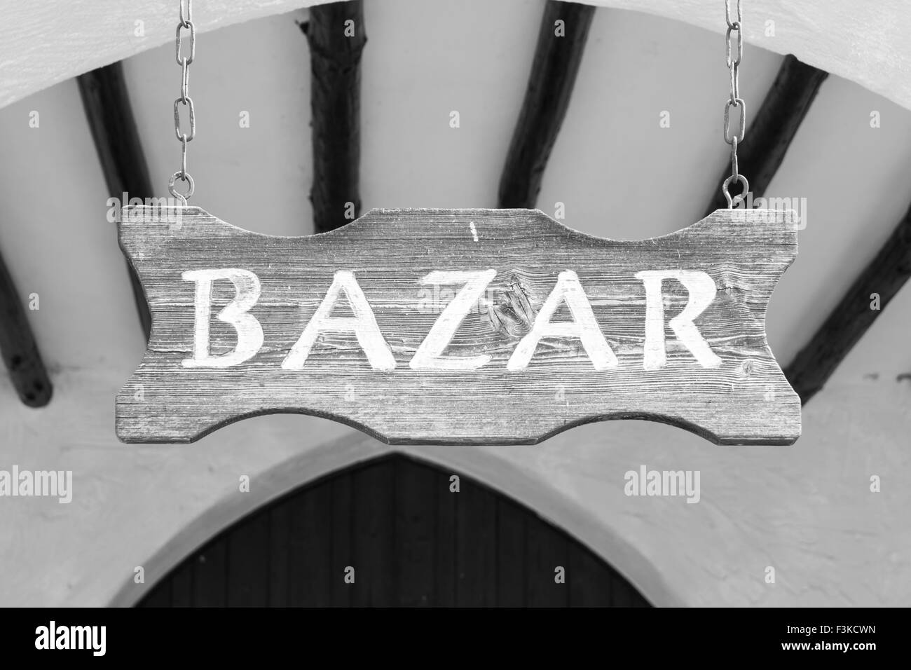 Wood sign at the entrance of an arab market. Stock Photo