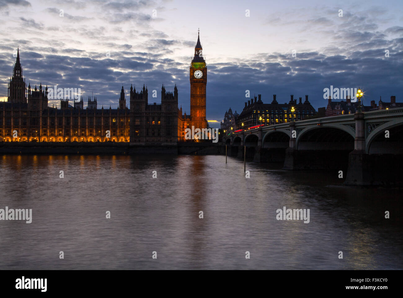 A view across the River Thames of the Houses of Parliament and Westminster Bridge in London. Stock Photo