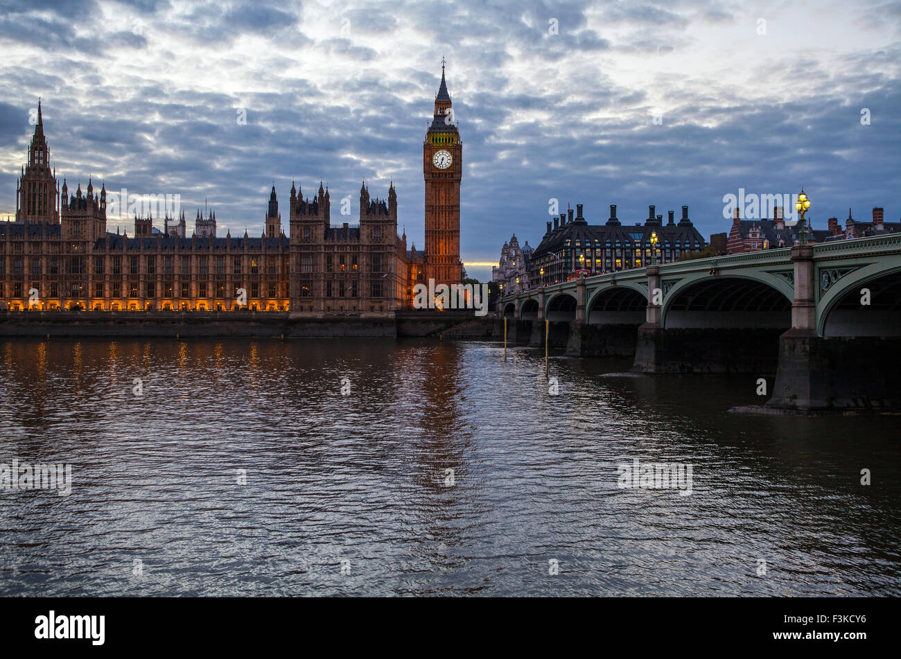 A view across the River Thames of the Houses of Parliament and Westminster Bridge in London. Stock Photo