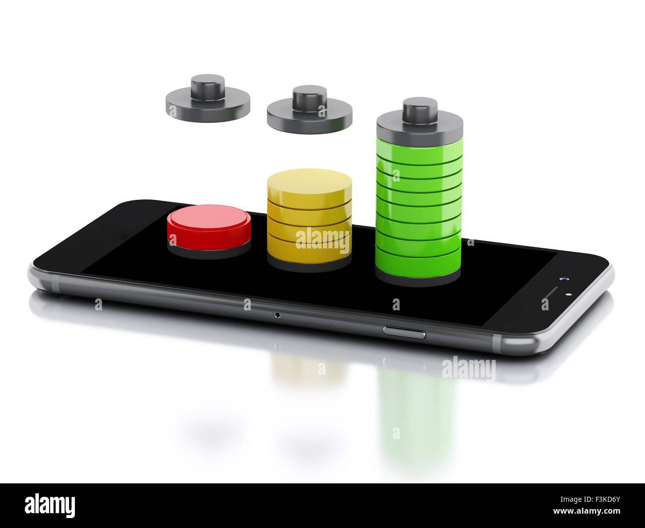 3d renderer image. Smartphone and battery charge. Mobile phone charging
