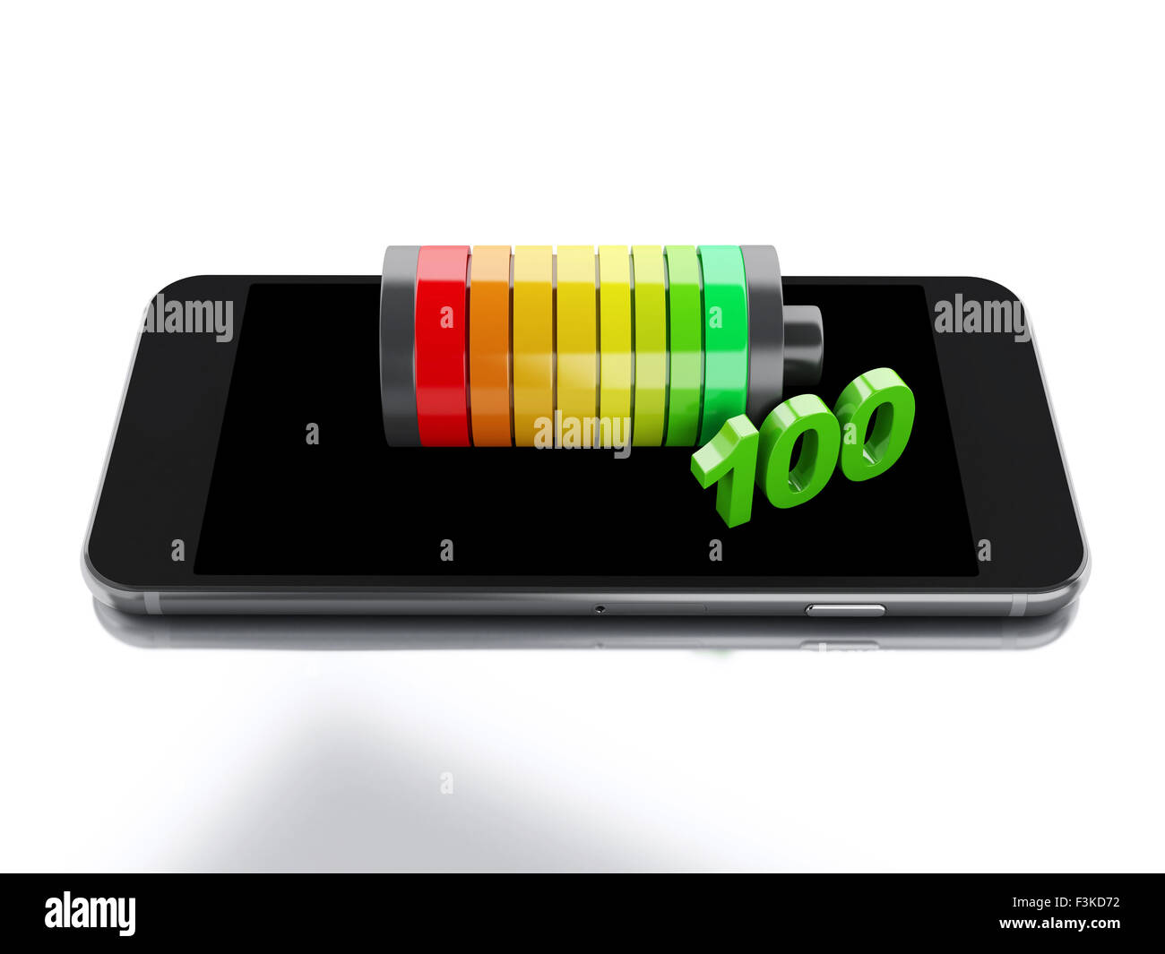 3d renderer image. Smartphone and battery charge. Mobile phone charging