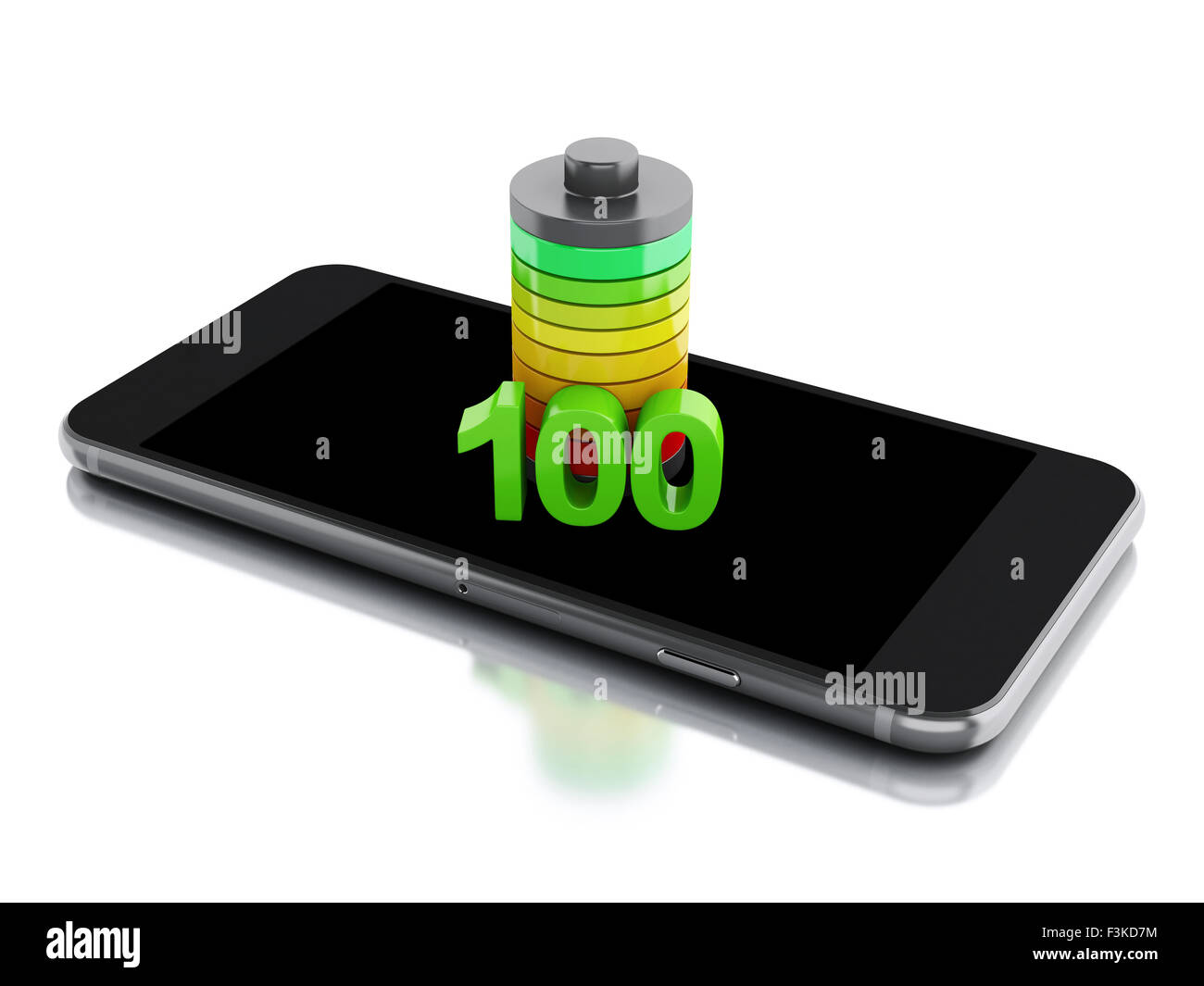 3d renderer image. Smartphone and battery charge. Mobile phone charging