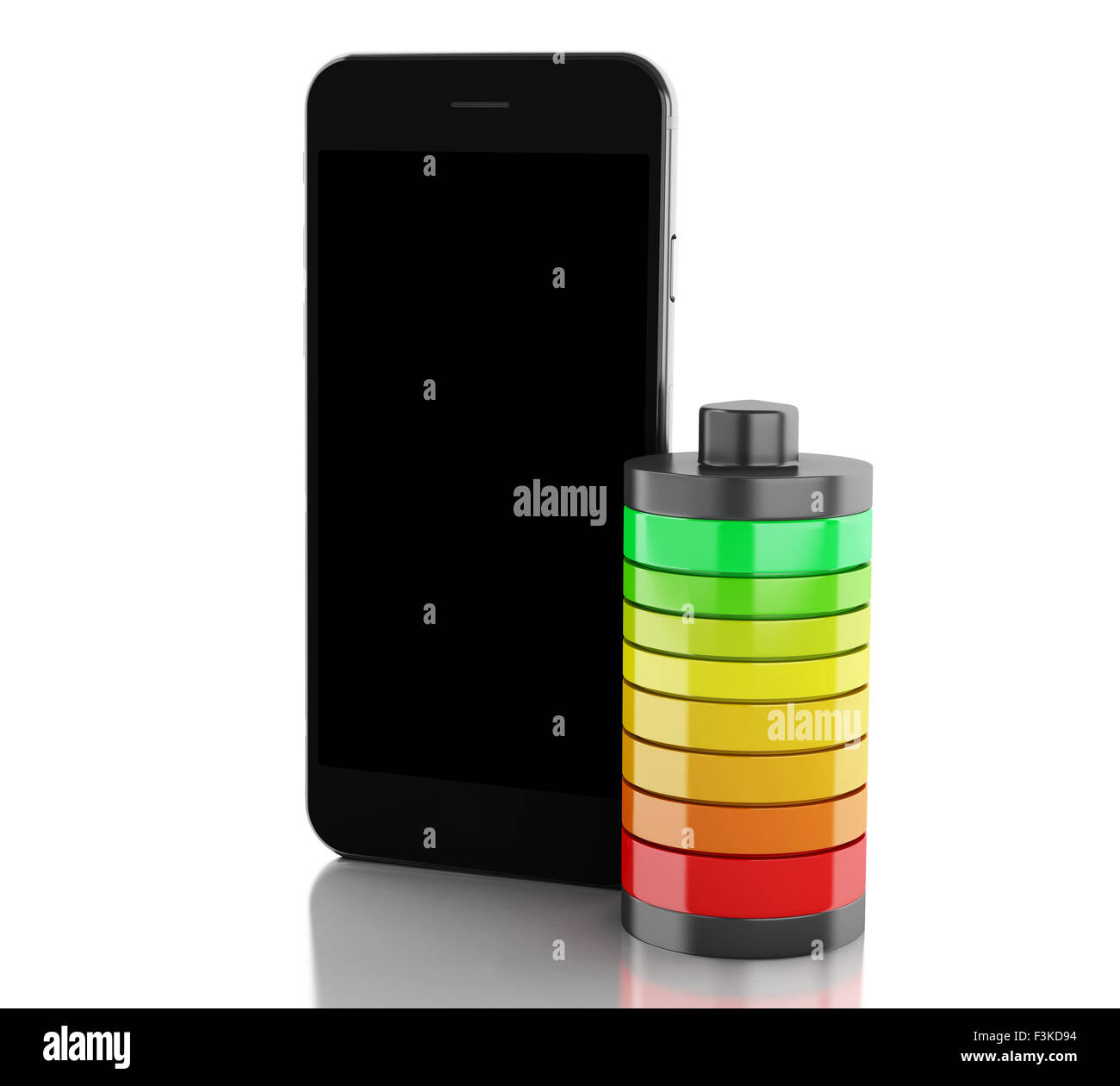 3d renderer image. Smartphone and battery charge. Mobile phone charging