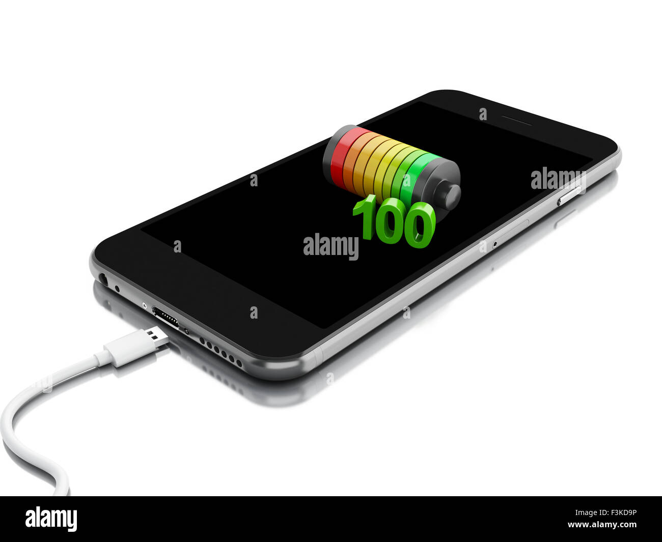 3d renderer image. Smartphone and battery charge. Mobile phone charging