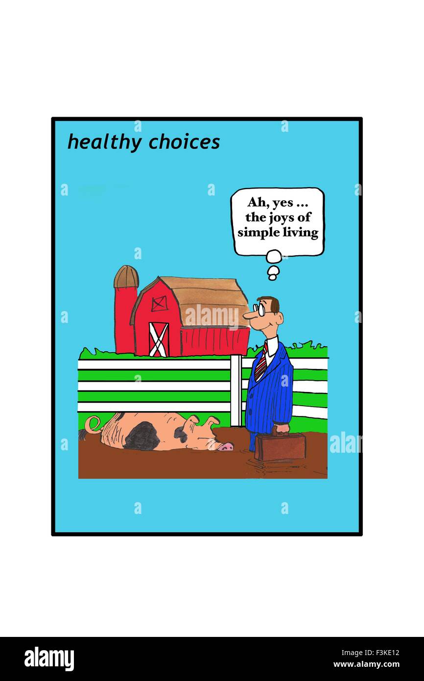 Cartoon illustration of a businessman on a pig farm thinking 'Ah, yes... the joys of simple living'. Stock Photo