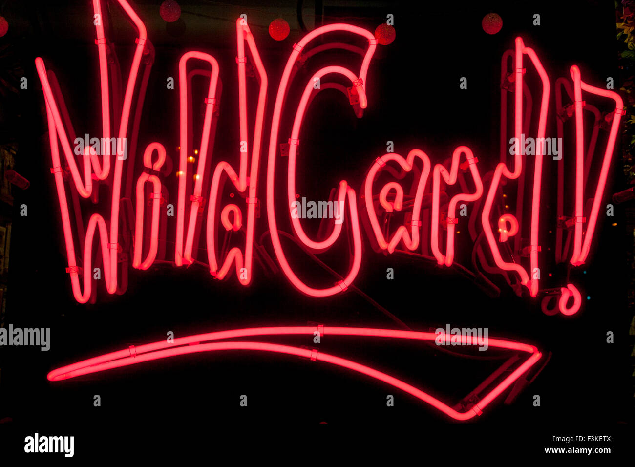 'Wild Card!' in neon light in a store window in The Castro in San Francisco, California. Stock Photo