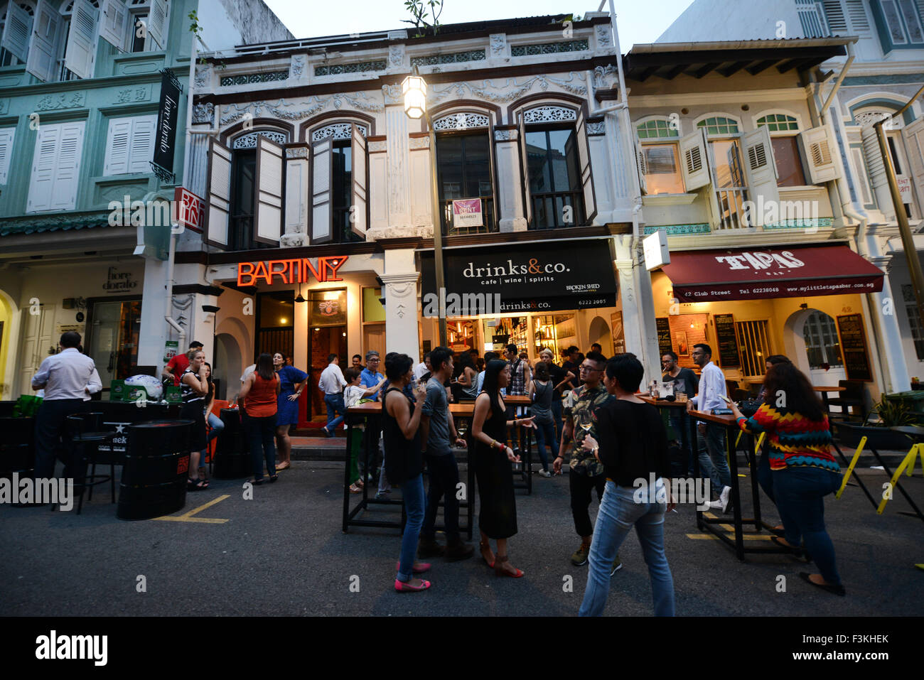 Ann Siang Hill in Chinatown is one of Singapore's most popular nightlife areas. Stock Photo