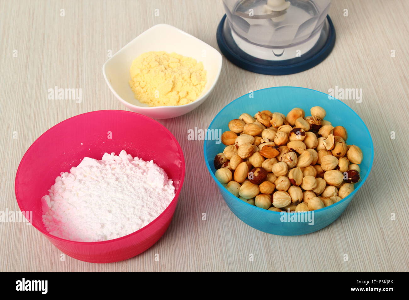Ingredients to make nut mixture hazelnut, sugar, cornflour. Making