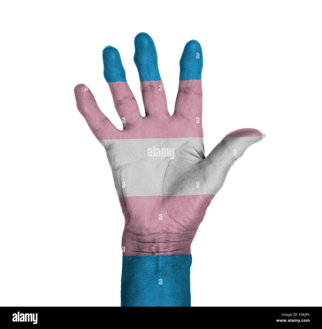 Palm of a woman hand, painted with flag of Trans Pride Stock Photo
