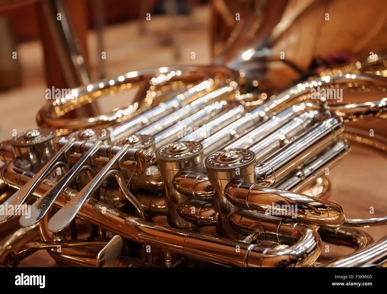detail of french horn valves and pipes Stock Photo Alamy