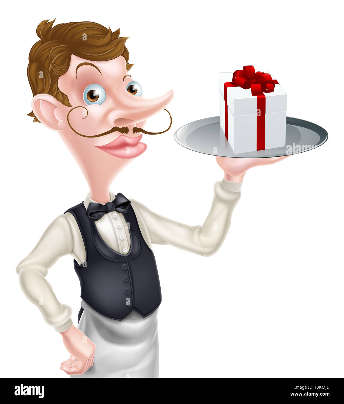 An illustration of a cartoon waiter holding a tray with a gift or present on it Stock Photo