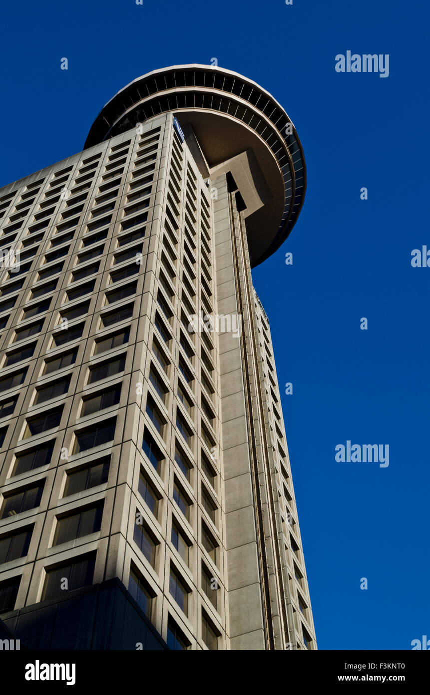 View from below of the Harbour Centre Lookout tower observation centre and restaurant in downtown Vancouver, Canada Stock Photo