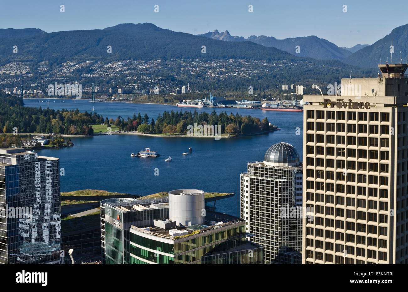 Vancouver Canada. Aerial view of Stanley Park, North Vancouver, mountains, Coal Harbour, Burrard Inlet from Harbour Centre Lookout tower in Vancouver. Stock Photo