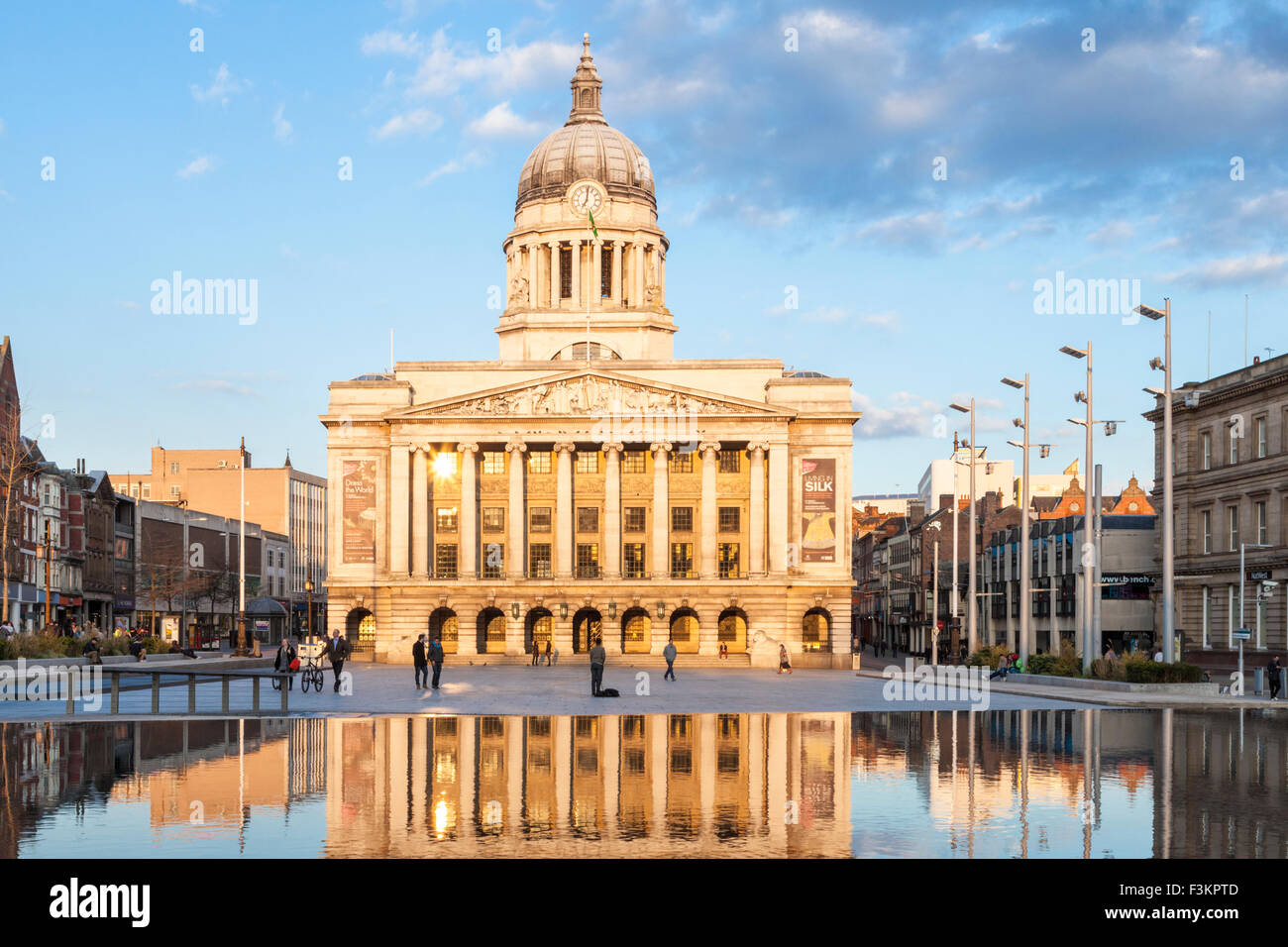 Evening sunlight shining on the Council House in The Old Market Square in Nottingham city centre, England, UK Stock Photo
