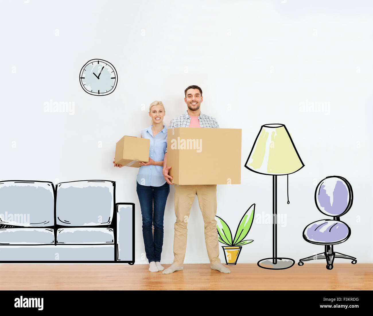 couple with cardboard boxes moving to new home Stock Photo - Alamy