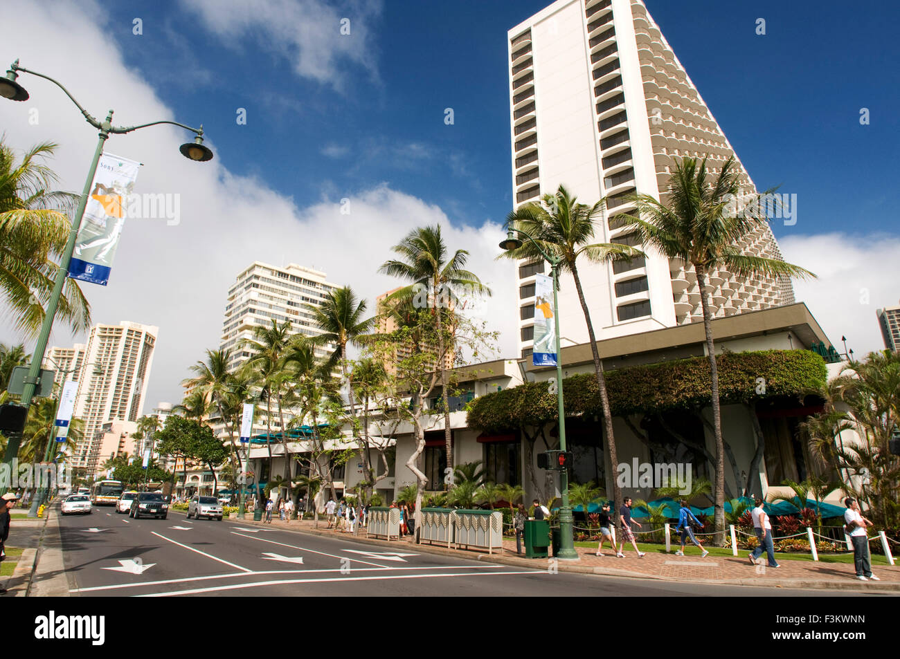 Buildings and hotels in Waikiki Beach. Kalakaua Avenue. O'ahu. Hawaii. Located on the south shore of Honolulu, the world-famous Stock Photo