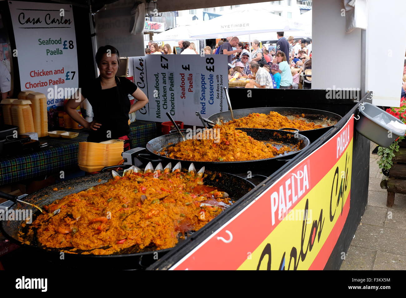 Cowes Week, 2015, Isle of Wight Paella stand take away Cowes Week, 2015, Isle of Wight The Parade spectators Yacht Racing, Shore side entertainments, Bands, Yacht Club scenes, 2015, Cowes Week, Isle of Wight, England, UK, Stock Photo