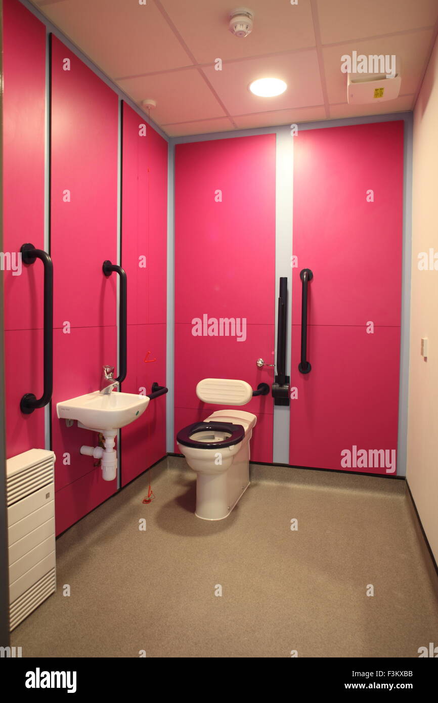 a disabled toilet in a new London primary school showing toilet, basin and grab handles Stock Photo