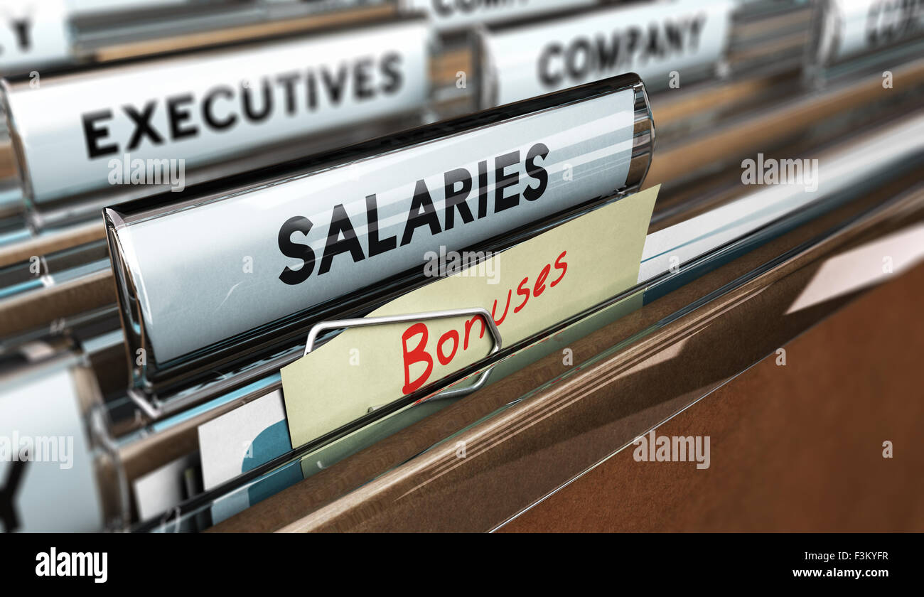Close up on a file tab with the word salaries and bonuses, focus on the main text and blur effect. Concept image for illustratio Stock Photo