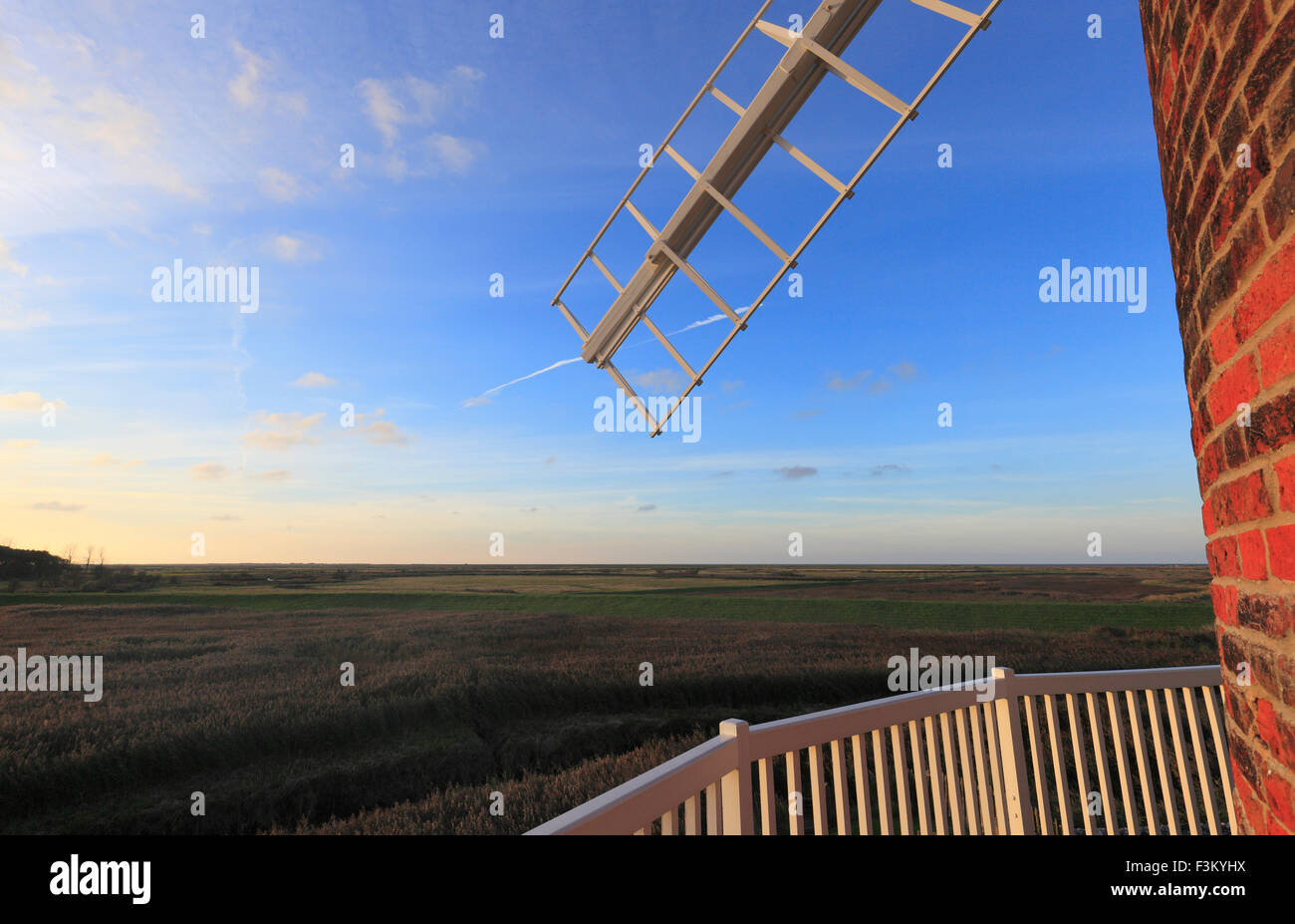 View across the marshes at Cley-next-the-Sea from Cley windmill on the North Norfolk coast. Stock Photo