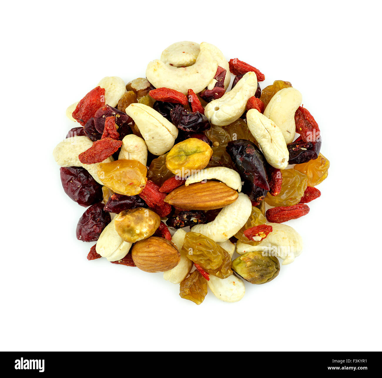 Aerial of healthy mixed fruits and nuts snack Stock Photo