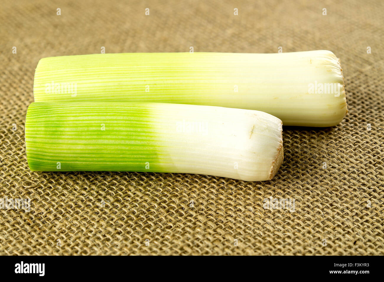 Macro closeup of cut green leek stems Stock Photo