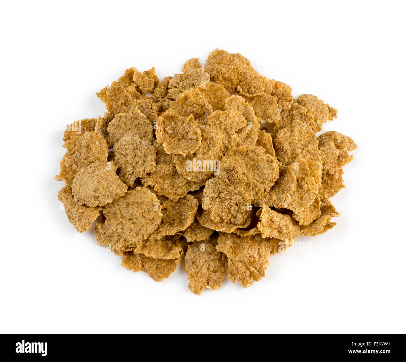 Aerial view of healthy brown bran cereal flakes isolated against white ...
