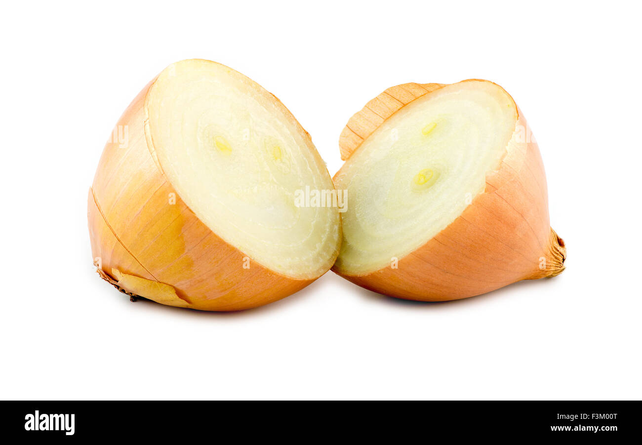 Two onion halves on isolated white background Stock Photo