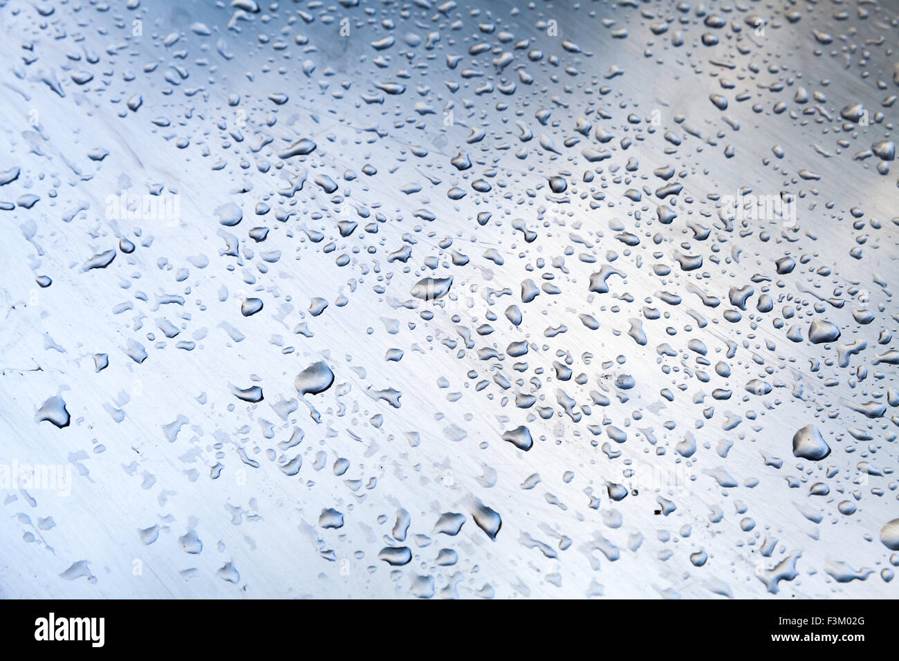 Stainless steel surface with water drops, closeup photo with selective focus Stock Photo