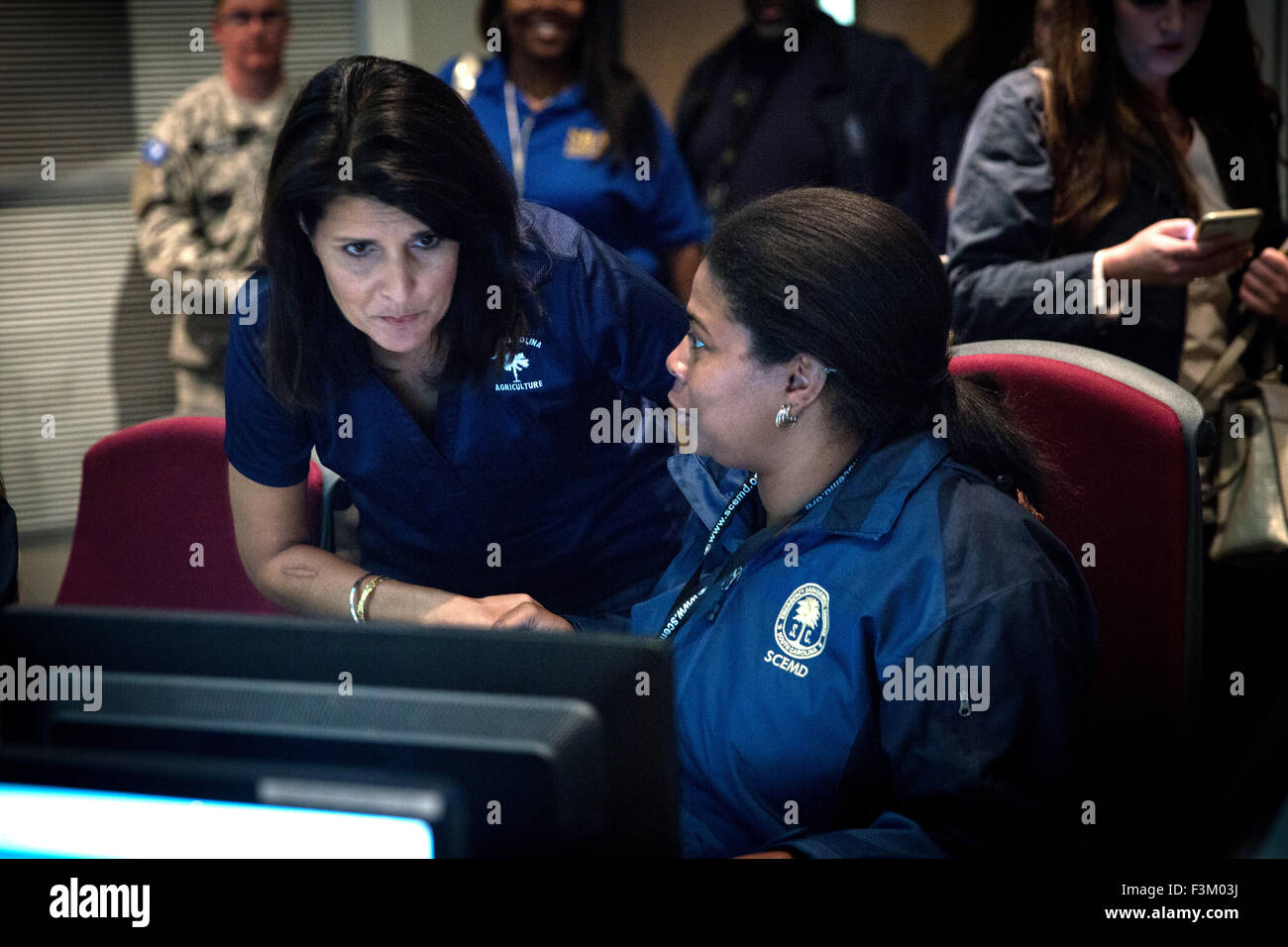 South Carolina Governor Nikki Haley thanks workers at the State Emergency Operations Center October 8, 2015 in Summerville, South Carolina. The SCEMD team have been responding to the devastating floods in the state caused by record rains. Stock Photo