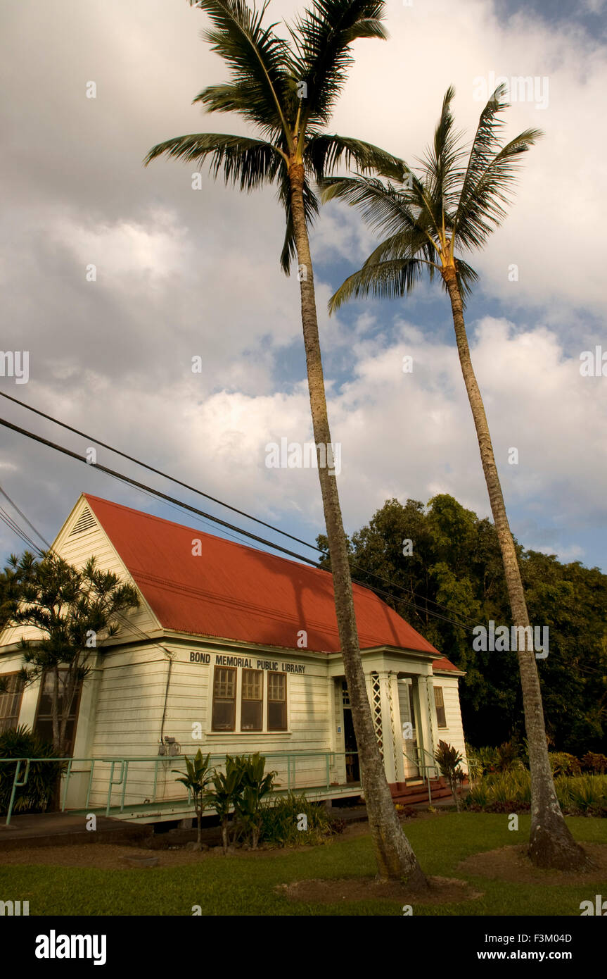 Public library. Typical houses and shops in Hawi. Big Island. Hawi is the most northern town. Wooden houses painted in bold colo Stock Photo