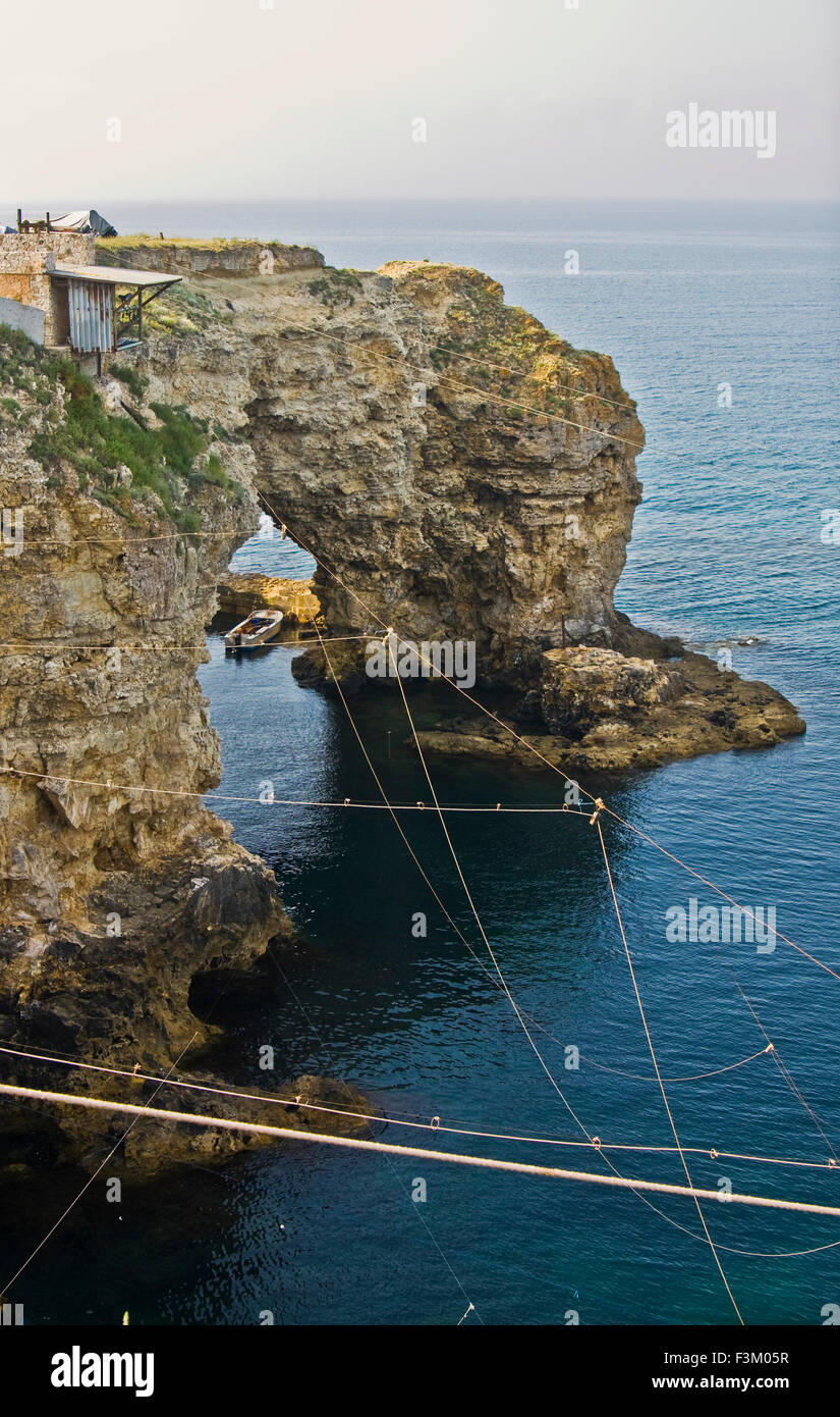 Sea landscape with rock, recorded in place Tarhankut in Crimea on Black sea. Stock Photo