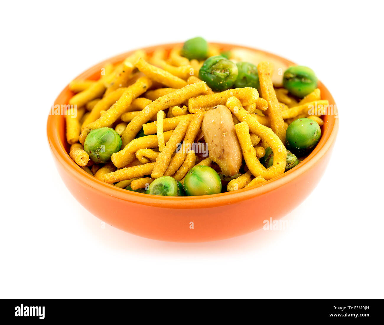 Isolated bowl of Indian bhuja snack on white Stock Photo