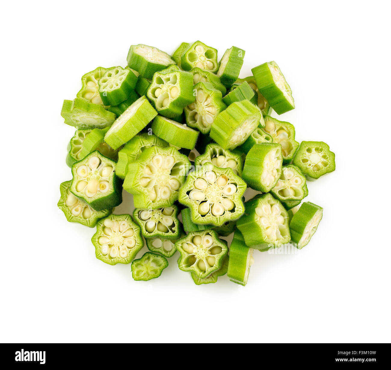 Aerial top view of isolated okra on white Stock Photo