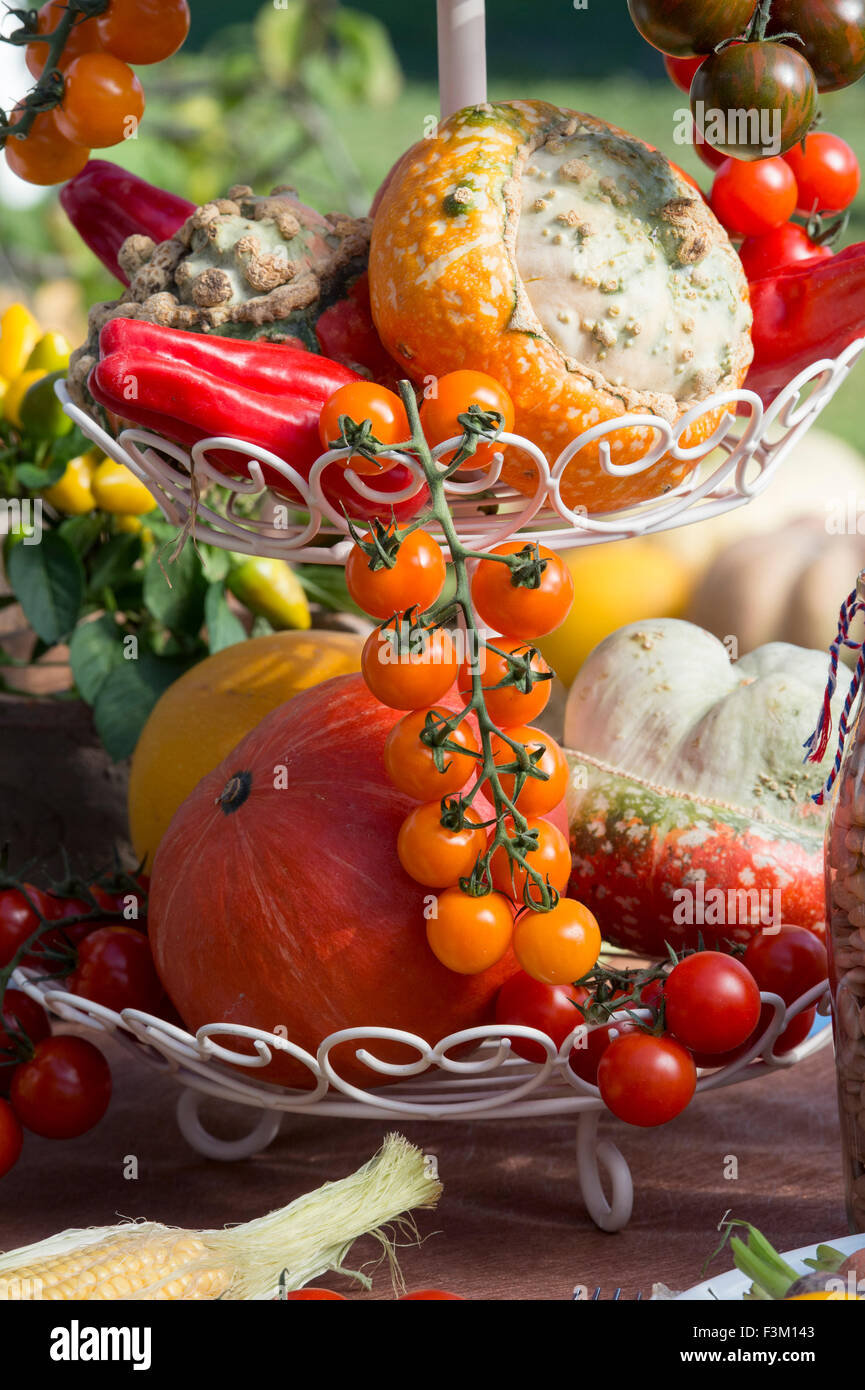 Vegetable and fruit display table at an Autumn Show. UK Stock Photo