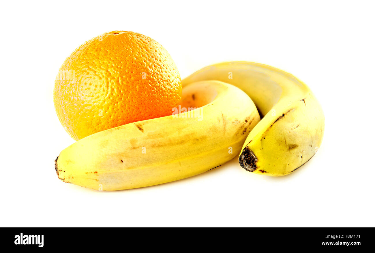 Bright tasty bananas and orange, lunch snack isolated Stock Photo