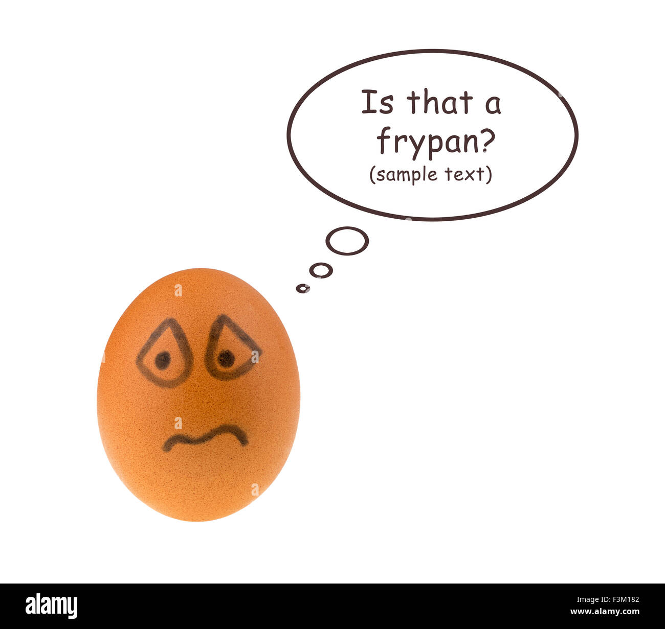 Scared or sad brown egg looking at or thinking about something with speech bubble Stock Photo
