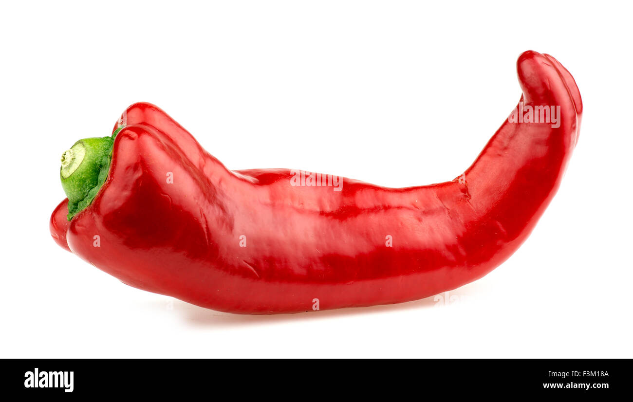 Side macro shot of red bullhorn chili pepper isolated on white Stock Photo