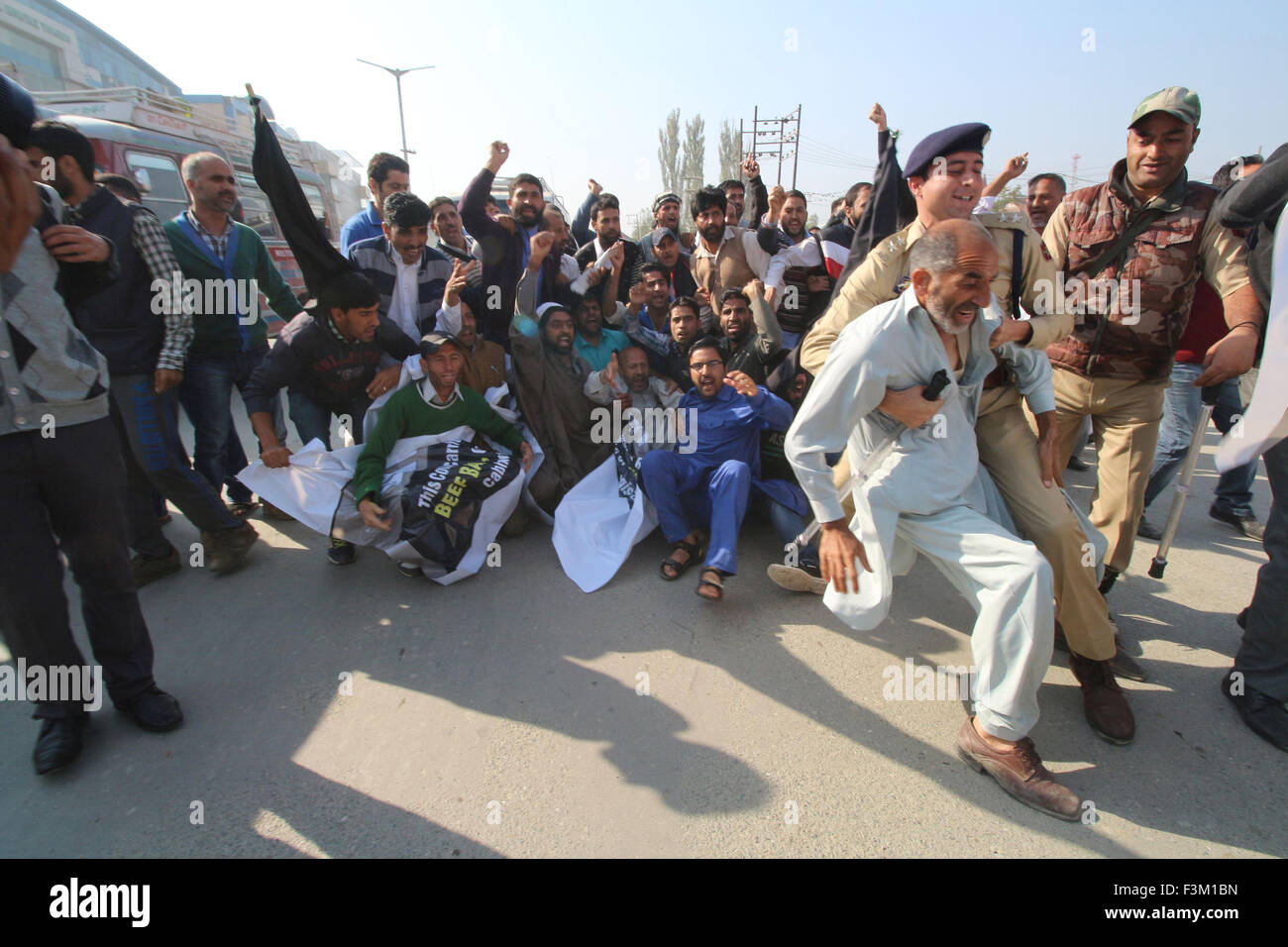 Srinagar, Kashmir. 9th October, 2015. Indian policemen detain a supporter of Engineer Rashid Ahmed, an independent member of the Jammu and Kashmir state assembly during a protest . detained dozens of supporters of Ahmed during a protest against India's ruling Bharatiya Janata Party or BJP after their Lawmakers kicked and punched Ahmed for hosting a party where he served beef on Thursday. Hindus consider cows to be sacred, and slaughtering the animals is banned in most Indian states. Credit: Sofi Suhail/Alamy Live News Stock Photo