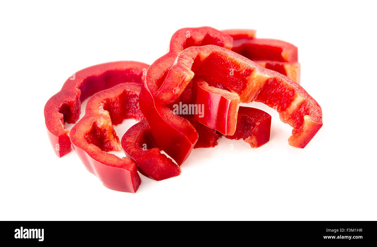 Detailed, macro closeup of red capsicum isolated in studio on white Stock Photo
