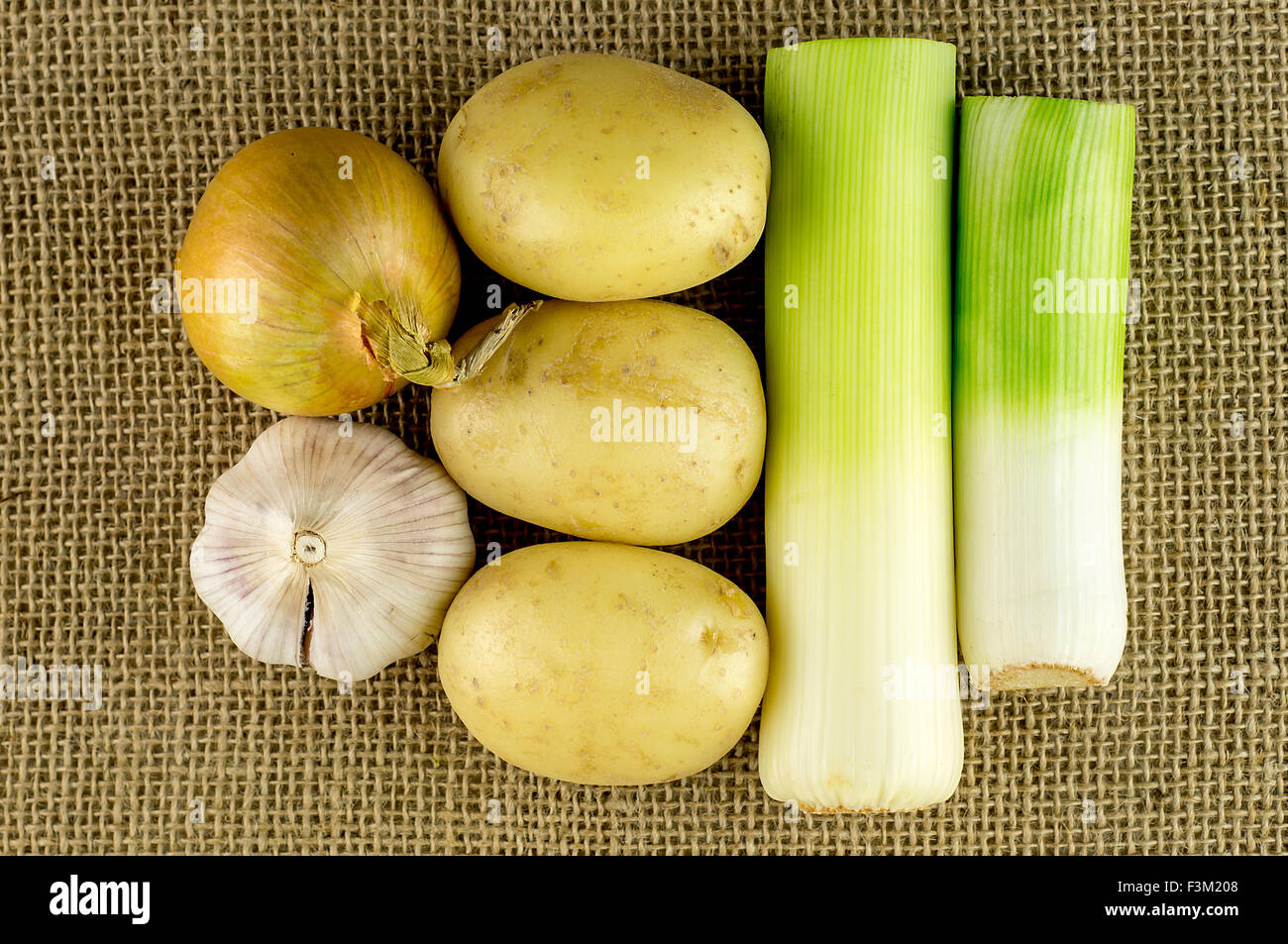 Aerial of leek, potato, garlic and onion ingredients for tasty soup Stock Photo