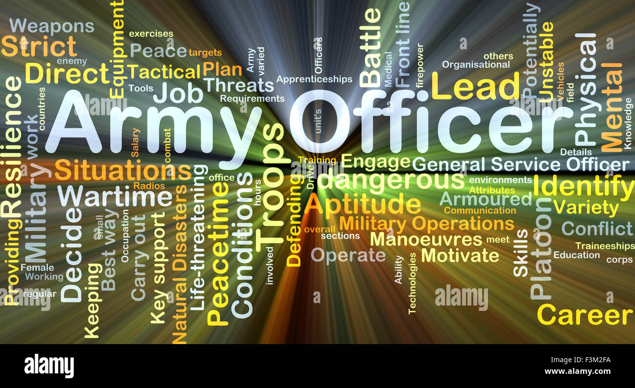 Background concept wordcloud illustration of army officer glowing light