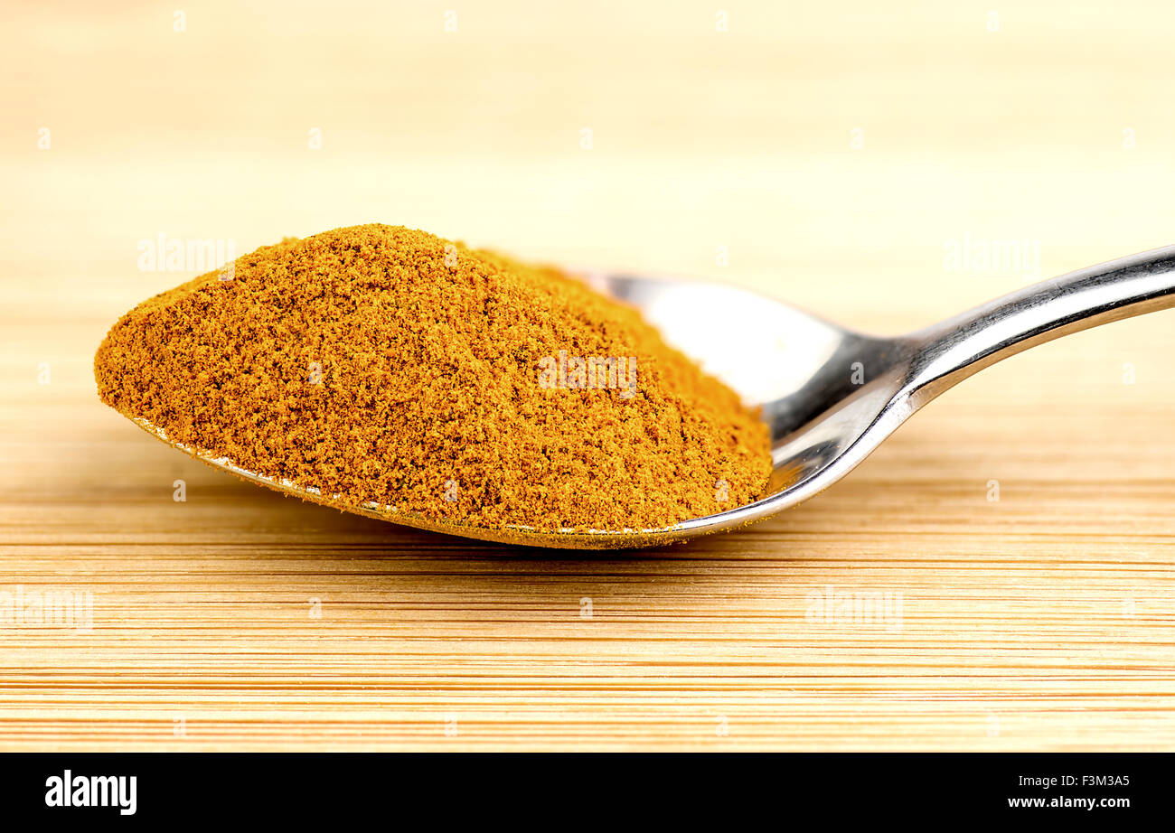 Bright turmeric powder in teaspoon Stock Photo