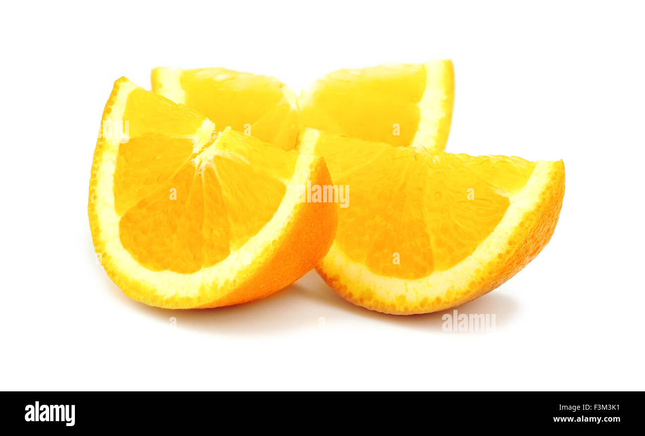 Beautiful cut pieces of fresh orange isolated on white background Stock Photo