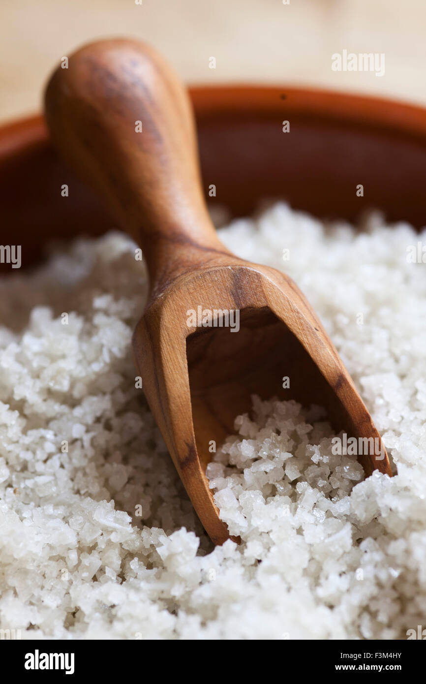 Sea salt in wooden container Stock Photo Alamy