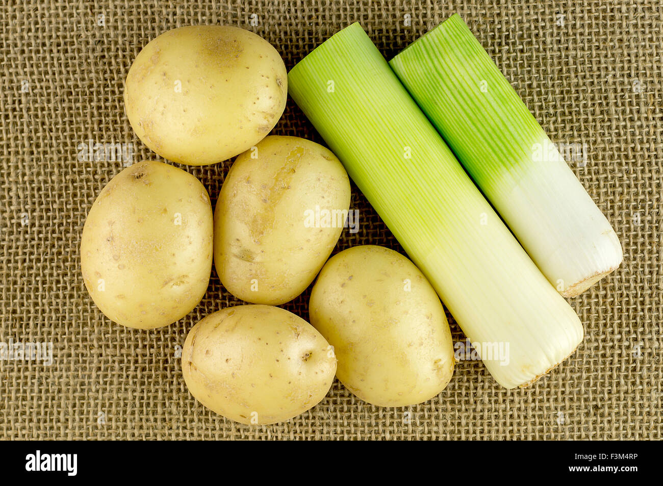 Aerial overhead view of fresh leek and potato for American stew Stock Photo