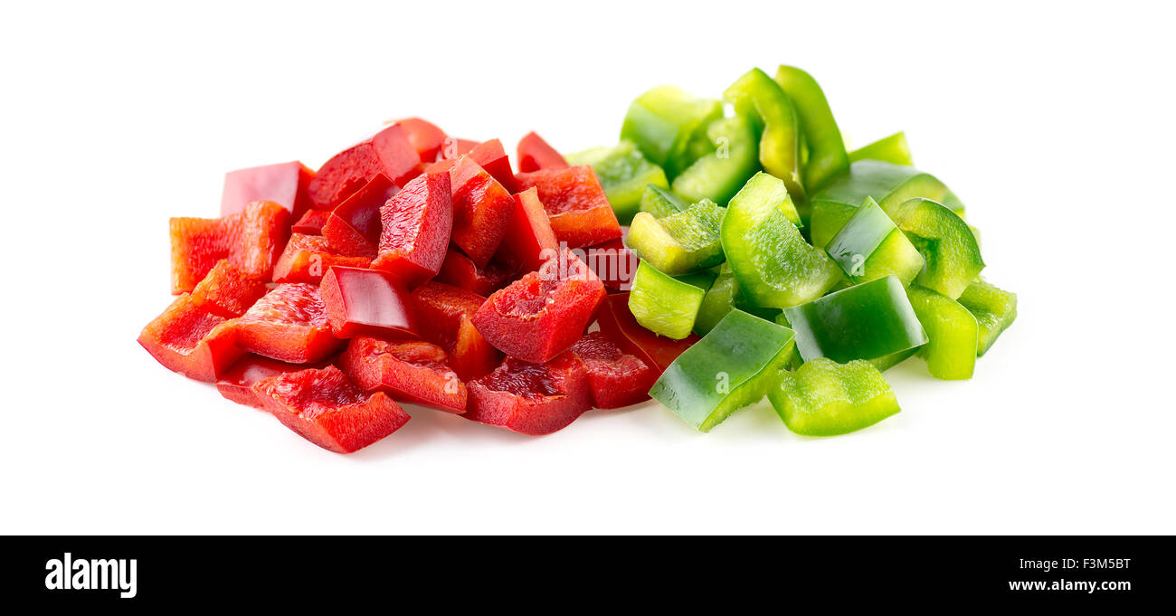 Closeup of chopped up capsicum veggies on white Stock Photo