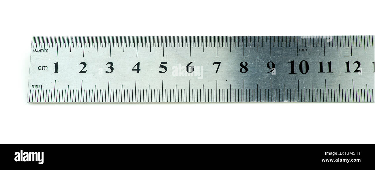 Closeup of metric steel ruler isolated on white Stock Photo