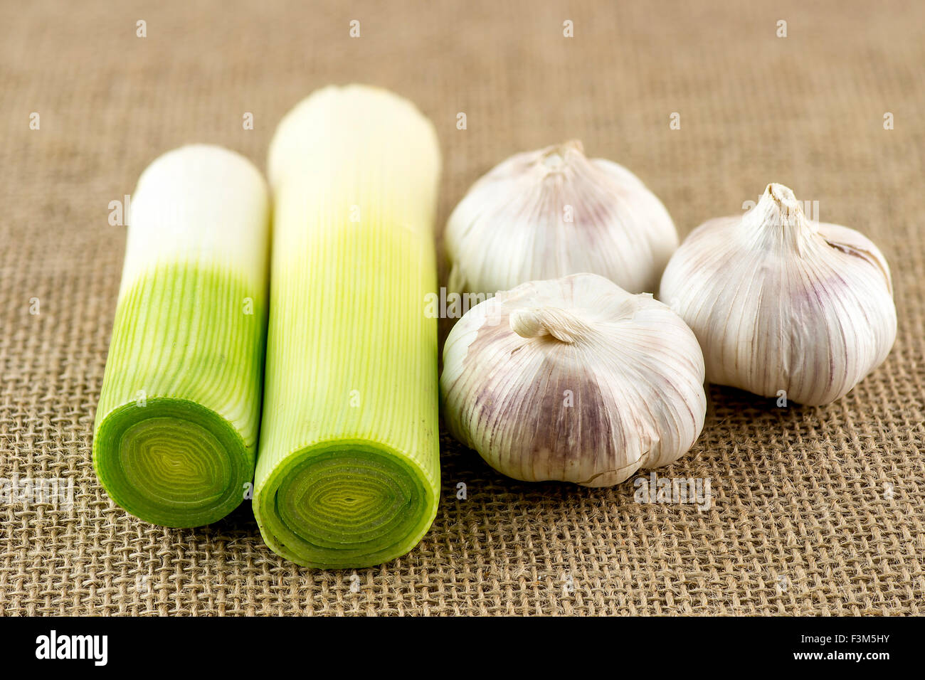 Fresh healthy green leek and garlic bulbs Stock Photo