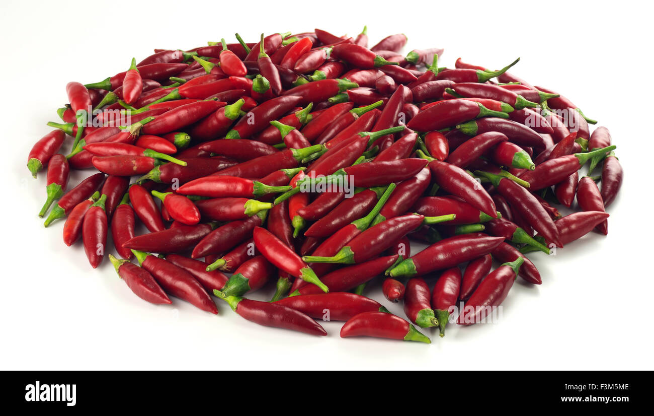 Closeup of a pile of bright red chili peppers isolated on a white background Stock Photo